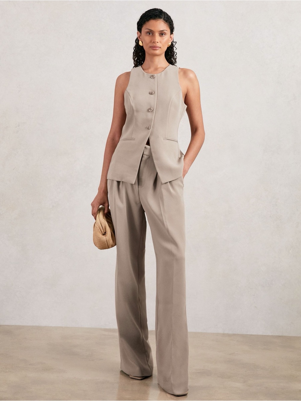 Good American Luxe Suiting Column Wide Leg Trousers Beige Size 4/27